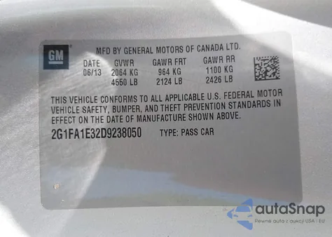 2013 Chevrolet Camaro 2Ls из США, поврежденный, VIN 2G1FA1E32D9238050